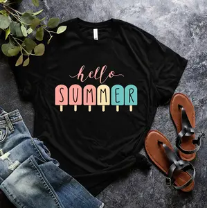 Popsicle Hello Summer T-Shirt for Family Vacation - Beach Travel Shirt with Funny Ice Cream Printing - Summer Holiday Apparel for Womenswear - Top