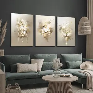 3 Pieces Wooden Frame Canvas Printed Decorative Paintings, Zen Style Paintings, Lotus Flower, Buddha, Tree of Life, Spiritual Wall Art, Watercolor Paintings, Indoor Home Wall Decoration Art