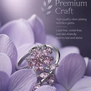 Sweet Girly Adjustable Band Super Sparkling Pink Zircon Flower & Leaf Promise Ring, Internet-Famous Colorful Statement Costume Jewelry Ring, Colorful Statement Rings