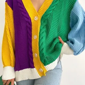 Women's Basic Acrylic Oversized Cable Knit V-Neck Long-Sleeve Sweater Tops - Fitted Silhouette, Multicolored Green/Purple Casual Chic Clothes, Soft Comfortable Design