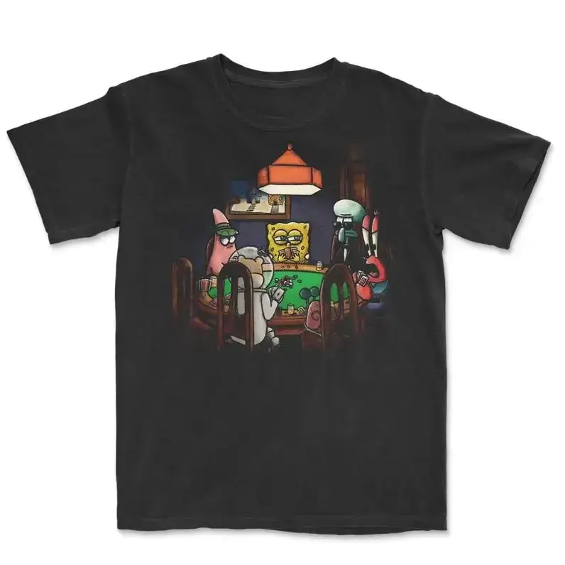 Vintage SpongeBob Playing Poker T-Shirt, Funny Poker Graphic Tee, Gift for Boyfriend, Casual Menswear Streetwear Shirt, Classic Crewneck T-Shirt