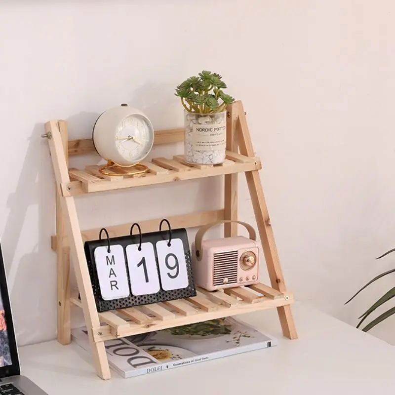 Wooden Double Layer Storage Rack, Desktop Foldable Storage Rack, Home Organizer for Books, Plants, Vases, Tableware, Desk Accessories, Display Riser, Rack Stand