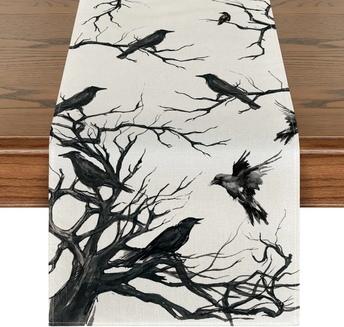 Silhouette Tree Crows Halloween Table Runner, Branches Fall Kitchen Dining Table Decoration for Outdoor Home Party 13x72 Inch