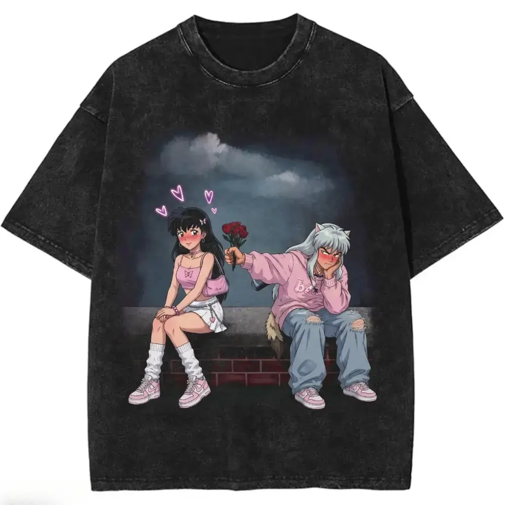 Anime Couple Shirt, Inuyasha Kagome Inspired Tee, Cute Tsundere Love Shirt, Pink Aesthetic Anime T-Shirt, Romantic Anime Couple Gift Womenswear Cotton Top Wetsuit Crewneck Crewneck Round Neck Streetwear Tshirt Wetsuit