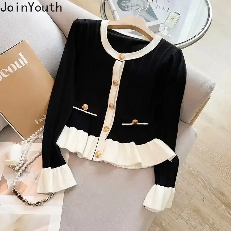 Sweet Cardigan Women Clothing O-neck Flare Sleeve Tunic Sueter Mujer Ruffles Vintage Knitted Sweater Coat Korean Pull Femme Knitwear Tops Casual Womenswear Comfortable Everyday Gorgeous Lady