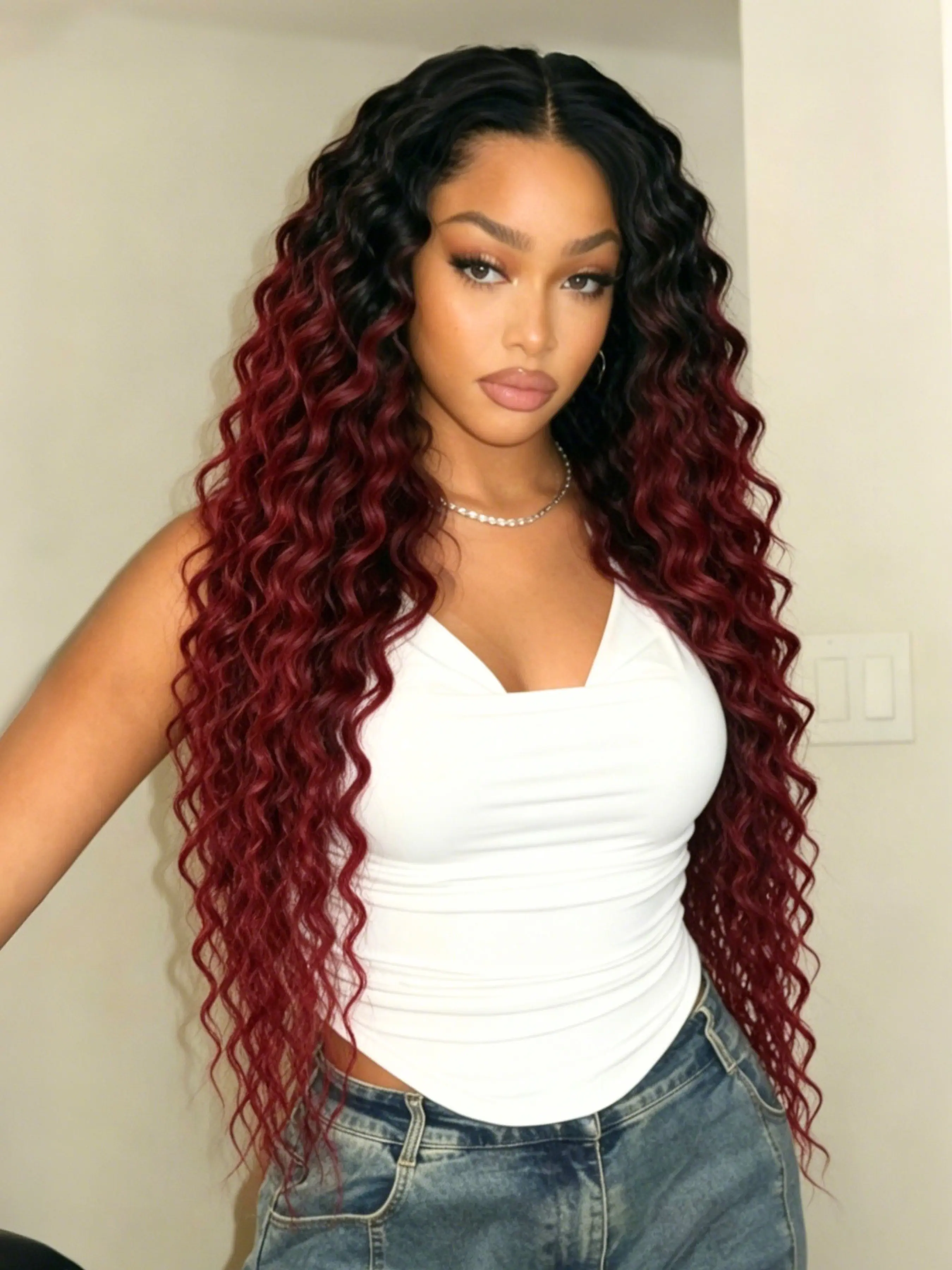 Burgundy Curly Wavy Wig 13x4 Lace Front Wigs Burgundy with Dark Root Wig Long Curly Synthetic Wigs Bouncy Curly Natrural Hairline Loose Curly Ombre Burgundy Lace Frontal Wigs Heat Resistant Fiber for Women Festival Party Daily Wear 28 Inch Curly Wave Wigs