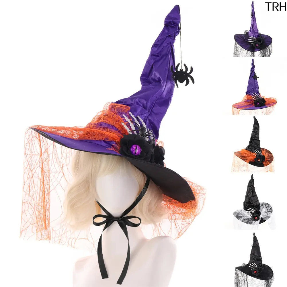 Ruched Lace Witch Hat with Skeleton Hand Spider Decor, Gothic Wizard Hat, Halloween Cosplay Party Costume Accessory for Women