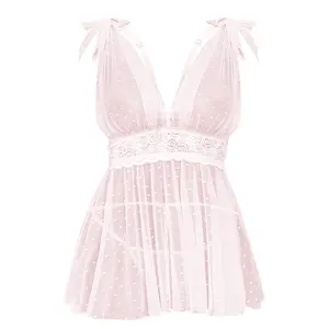Parthenope Lingerie for Women Pink Polka Dot Lace Sheer Mesh Babydoll Chemise V Neck Stretchy Lace-Waist Design Soft Breathable Fabric Perfect for Intimate Nights