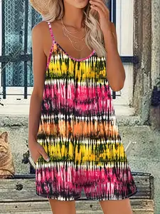 Women's Plus Size Tie Dye Halter Romper Shorts, Loose Vacation Print Sleeveless Jumpsuit, Perfect for Daily and Travel