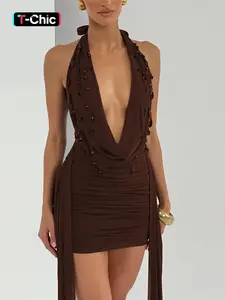 Women Summer Sexy Halter Sleeveless V Neck Backless Party Club Mesh Bodycon Mini Dress