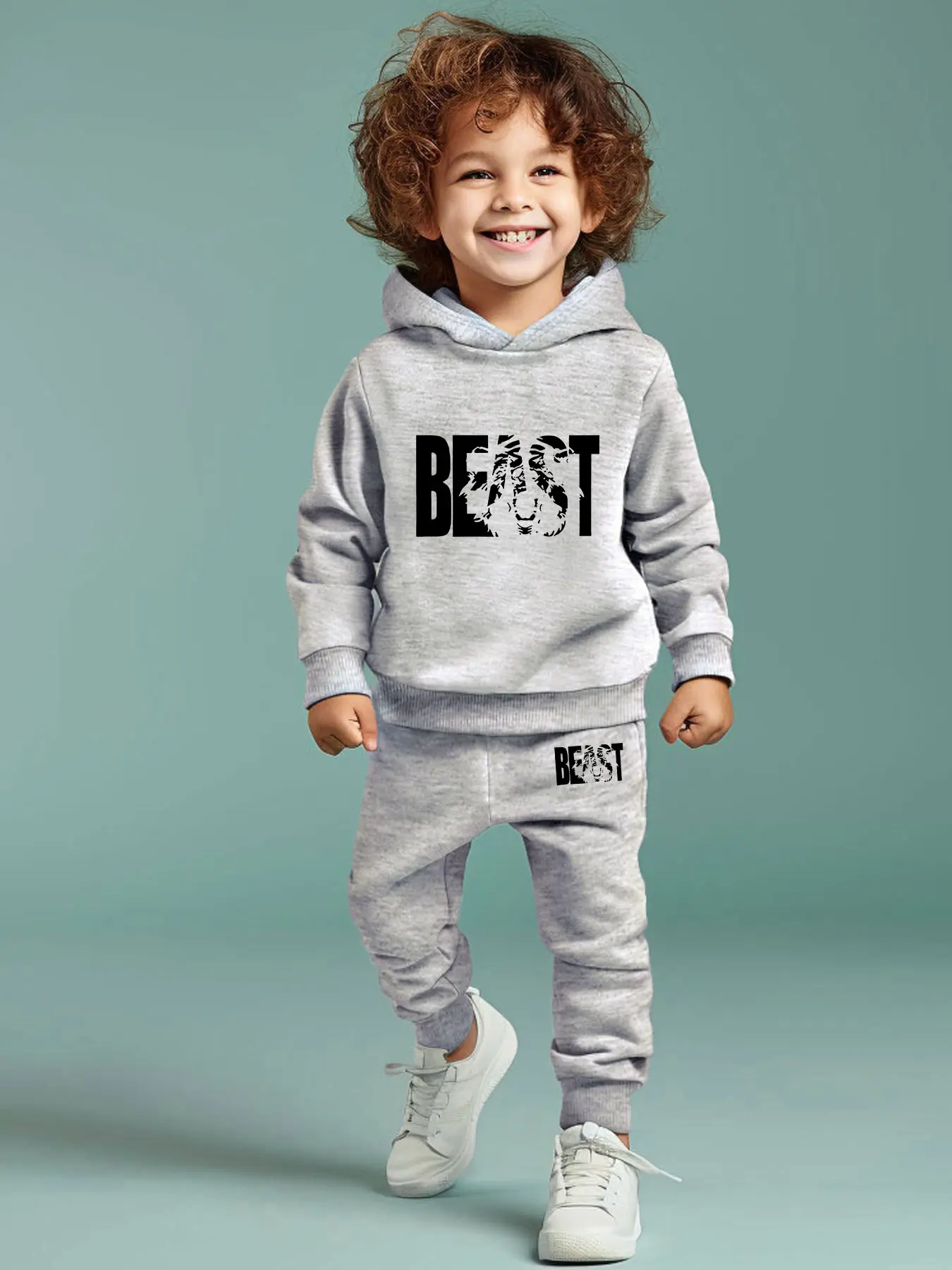 Boys' Casual Fashion Two-Piece Set, Cartoon Letter Print Hooded Long Sleeve Pants, Fitted All Seasons, Random Pattern, Graphic Print Set