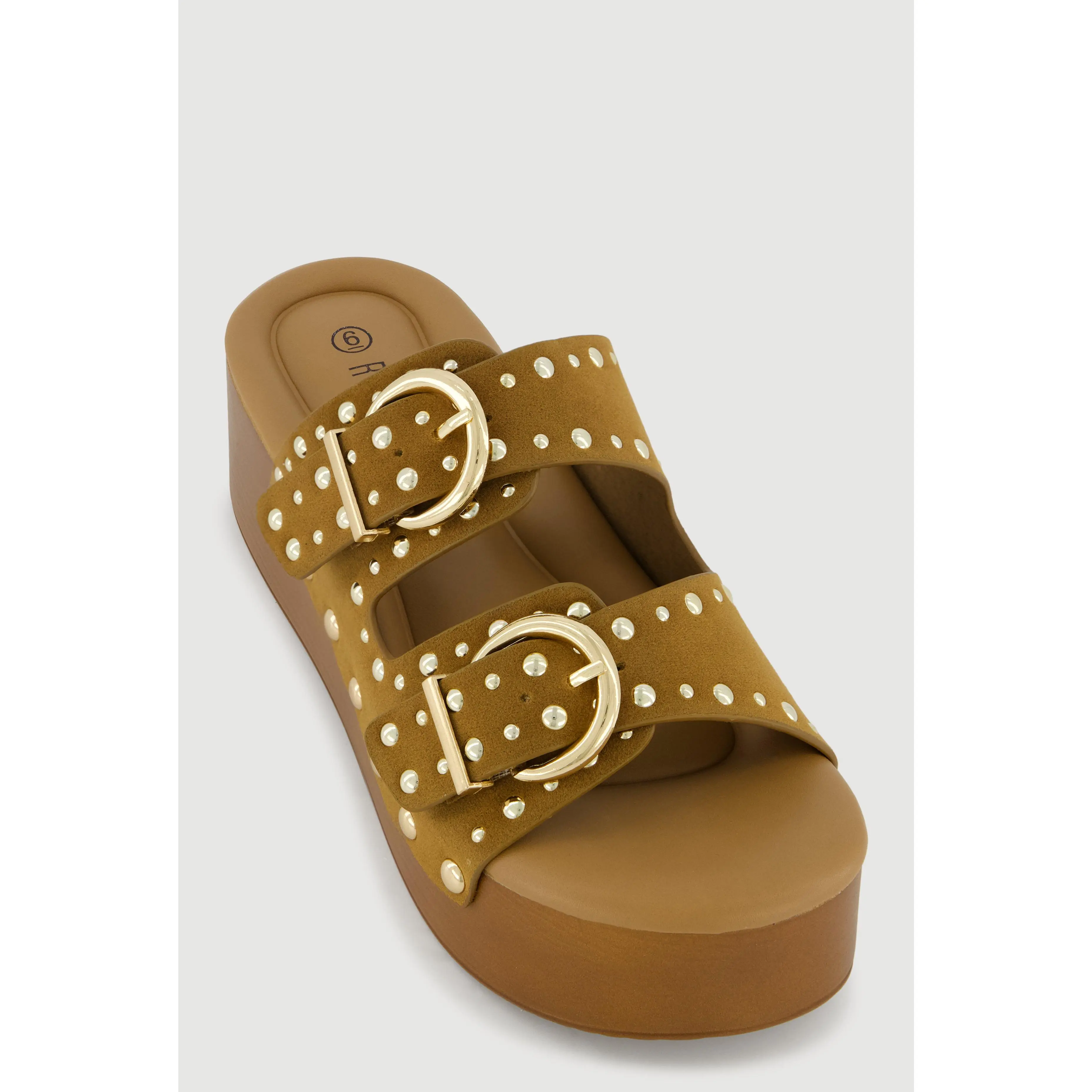 Studded Metallic Double Banded Open Toe Wedge Sandals