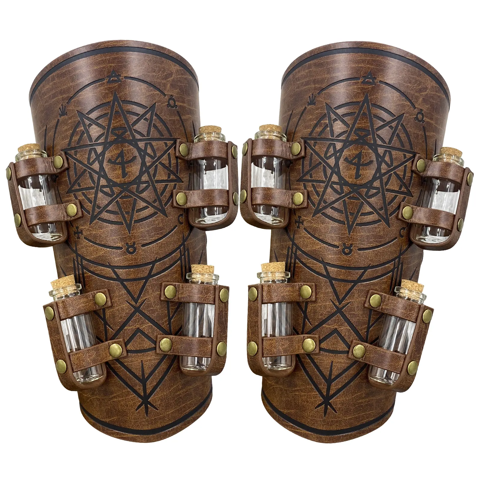 HiiFeuer Medieval Embossed Alchemy Bracers - Faux Leather Buckle Arm Guards with 8 Cork Vials, Fantasy Magic Archer Gauntlets for Protective Outdoor Use, Medieval Embossing, Pu Leather, Fantasy Design, Unisex, Alchemy Vials, Cool, Funky