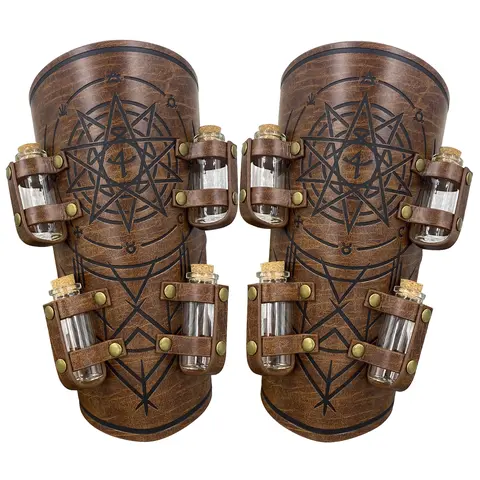 HiiFeuer Unisex Medieval Embossed Alchemy Faux Leather Bracers - PU Leather Arm Guards with Buckle, 8 Cork Alchemy Vials, Geometric Fantasy Design, for Adults' Outdoor Protection, Party Cosplays