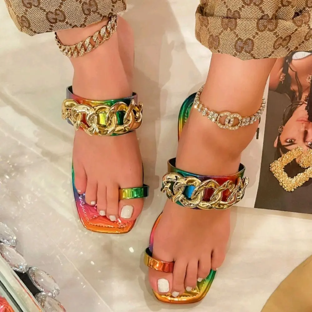 RAINBOW PAT Women’s Multicolor Metallic Chain Slide Sandals – Square Toe Flat Slip-On