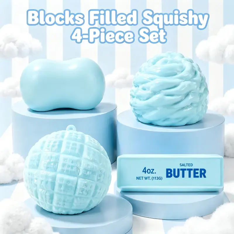 Blue Crunchy‑Sound 4‑Piece Set, Realistic Soft Stretchy Novelty Shapes (Soap, Cream, Butter, Pineapple Bun), ASMR Crunch Sound, Cute Desktop Ornaments, Trendy Selfie Photo Props, Crunchy Squishy