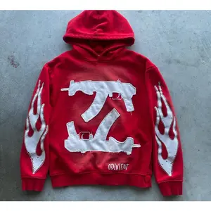 This hoodie is brimming with American street style, hardcore gang vibes, and high-street brand aesthetics. Large appliqué embroidered gun pattern, flames on the sleeves, and eye-catching slogans—perfect for creating a bold, distinctive character design.