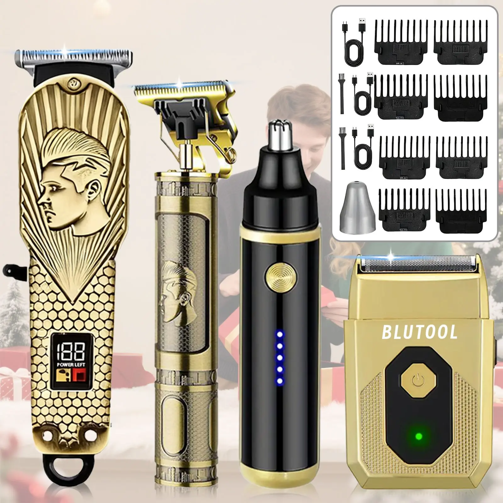 This men's hair clipper and beard trimmer set, featuring USB charging and an LCD power display, is perfect for men's home use, travel, styling, and beard care. It's an ideal gift for men and a perfect holiday present. Hair Cutting Tool Haircut Kit