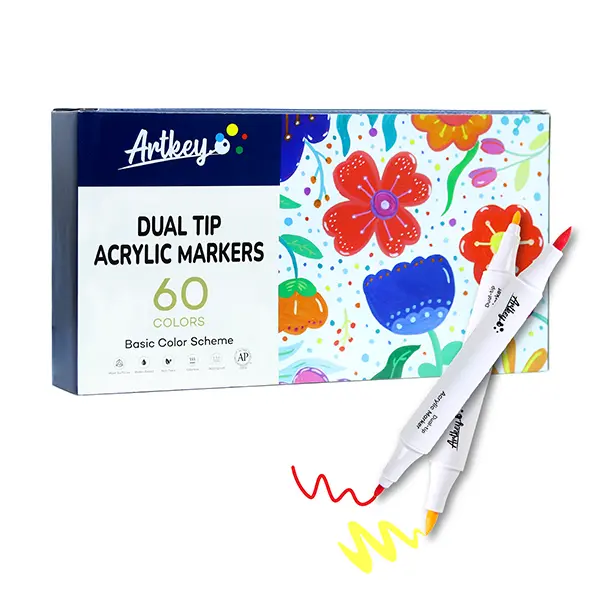 Artkey Acrylic Paint Markers Set, 60-Colors, Dual Tip Paint Pens (Brush & Fine Tip) for Rock Painting, Canvas, Wood, Glass, Ceramic, Stone, Fabric & DIY Crafts