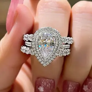 Effinny Pear Cut 2.5ct Eternity Double Halo 3PC Wedding Ring Set, 925 Sterling Silver Promise Ring, 5A Cubic Zirconia Anniversary Ring for Women Outdoorfun