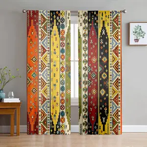 2D Flat 2Pcs Bohemian Printed Curtains for Living Room Bedroom, Semi Blackout Rod Pocket Window Drapes, Retro Folk Style Decor, Home Accessories..