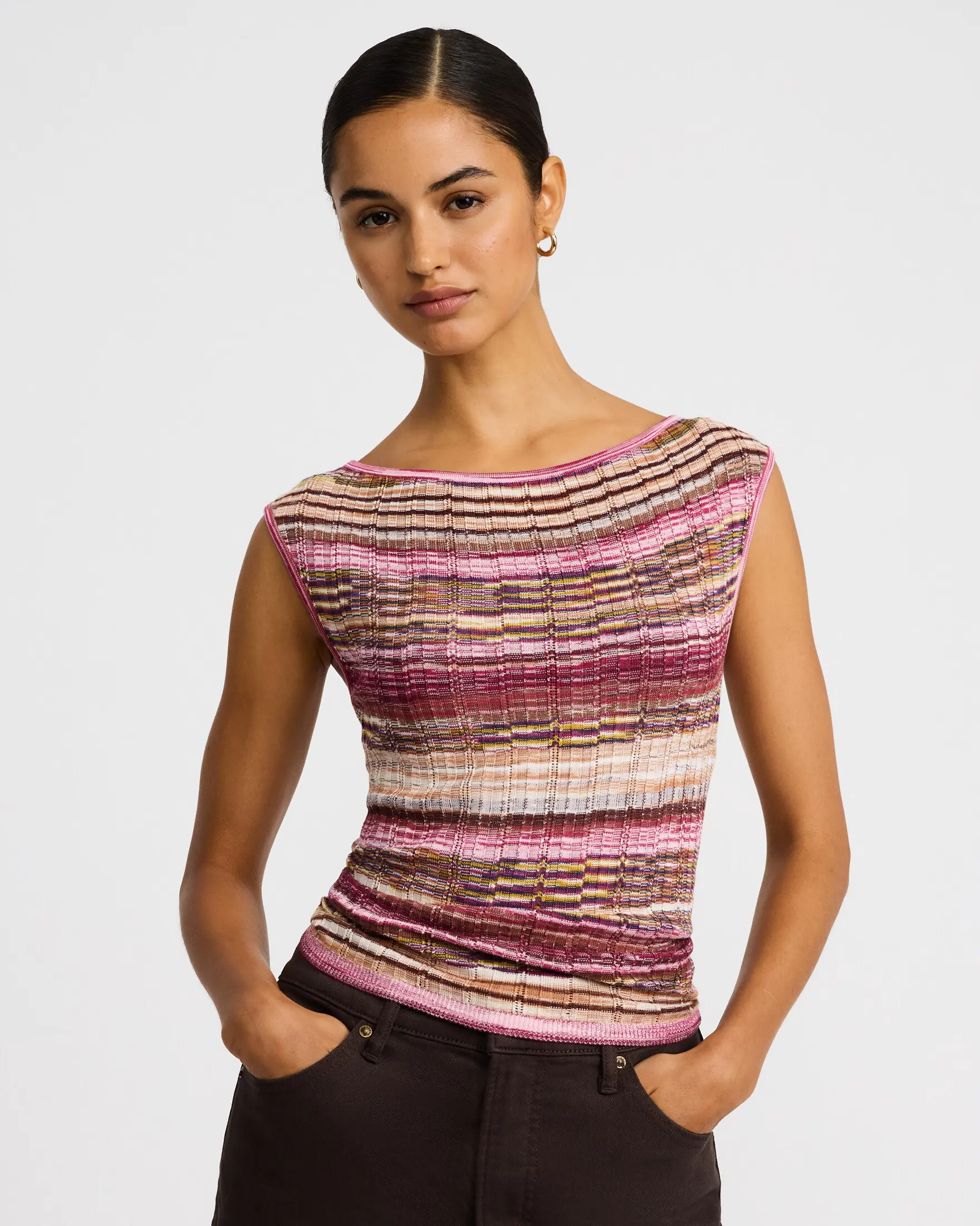 Express Striped Boat Neck Cap Sleeve Sweater
