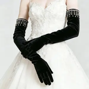 Ladies Velvet Rhinestone Gloves Premium Luxury Elegant Cocktail Sleeves Wedding Bridal Prom Party Long Warm Gloves