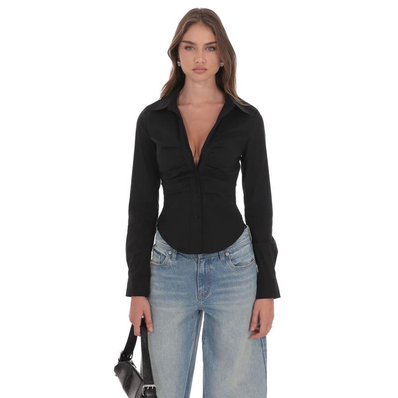 Ruched Button-Up Shirt in Black