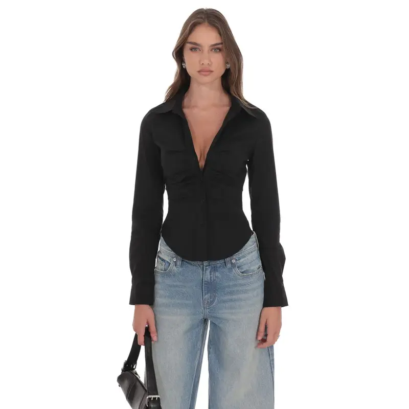 Ruched Button-Up Shirt in Black