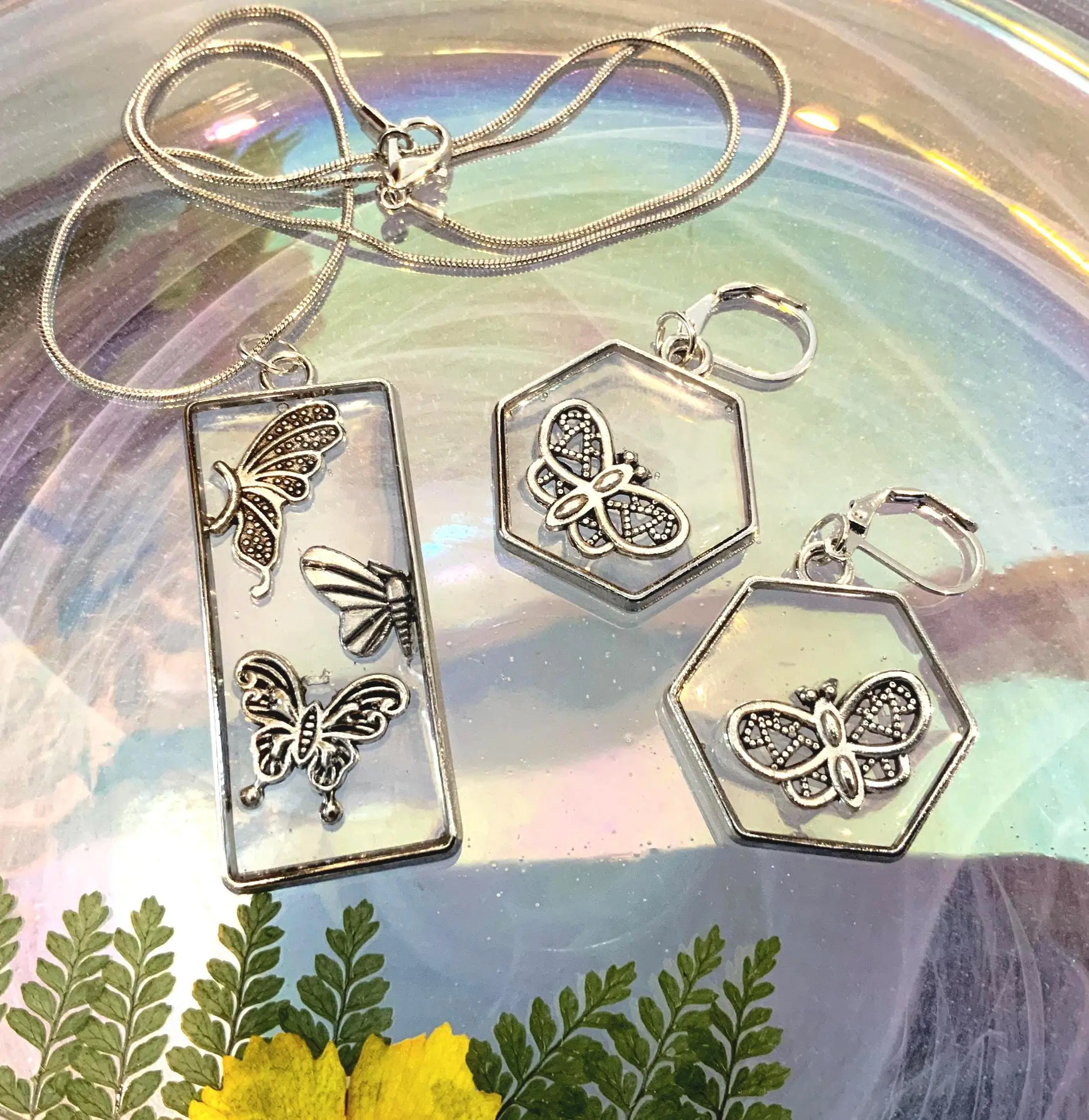 Female 1-of-a-Kind Handcrafted Butterfly Garden Costume Jewelry Set - Stainless Steel 2-Piece Everyday Necklace, Hypoallergenic Claw Clasp Earrings, One Of A Kind, Butterfly Garden Jewelry