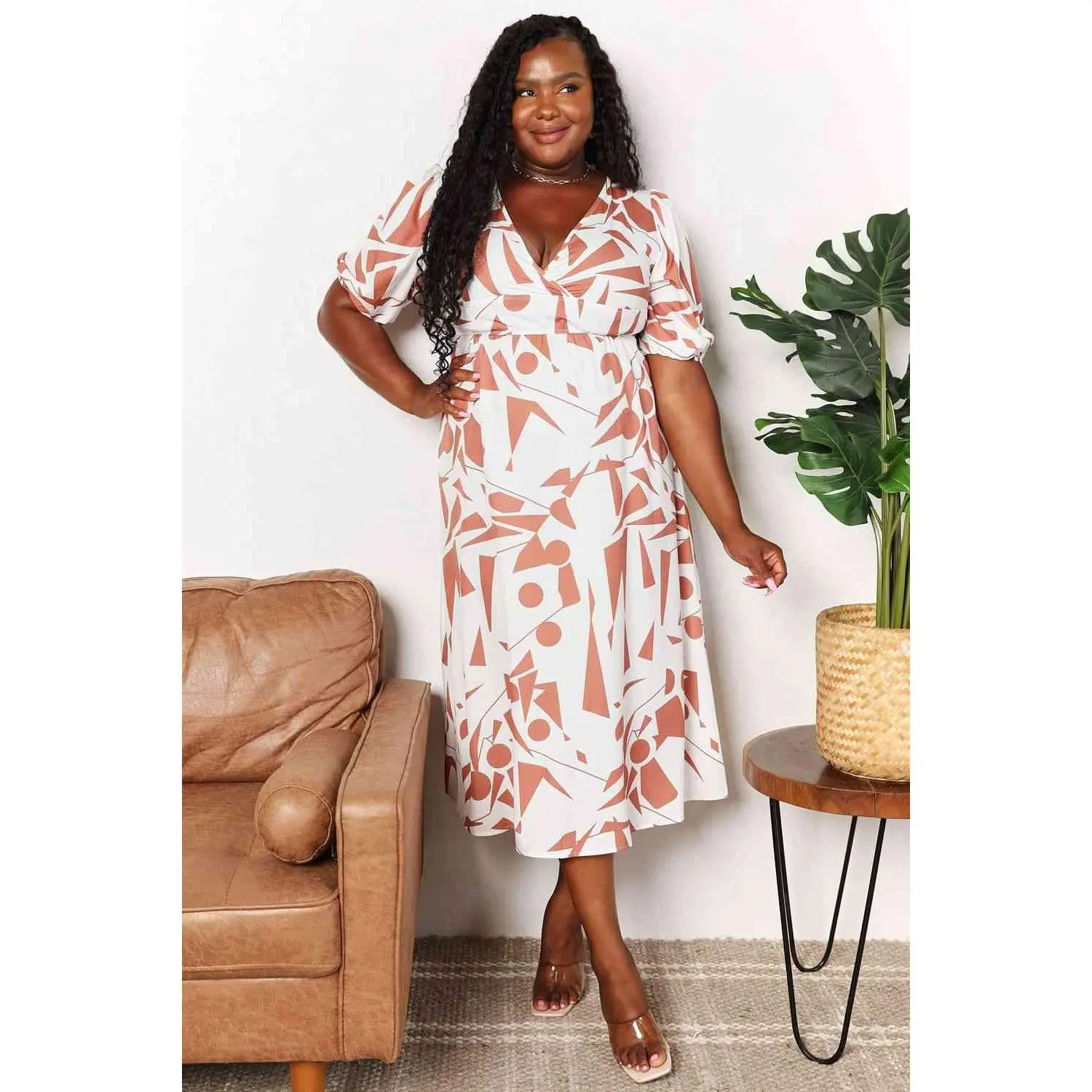 Printed Surplice Balloon Sleeve Dress