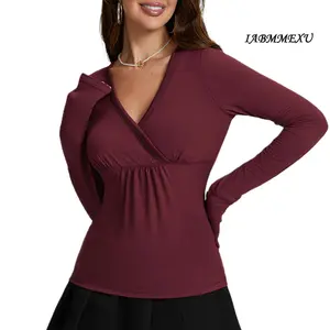 Women Y2k Long Sleeve Bodycon T-shirts Sexy V Neck Low-cut Solid Color SoftFit Tops Spring Fall Casual Going Out Tee Top Polyester Womenswear Blouses Red