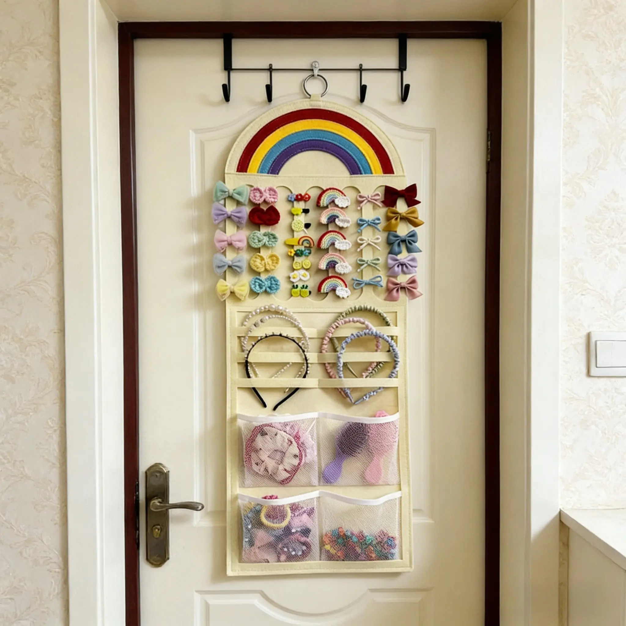 Rainbow Color Hair Accessory Storage Organizer, Wall-Mounted Hanging Bag with Multiple Compartments for Organizing Hair Bow Clips, Barrettes Storage