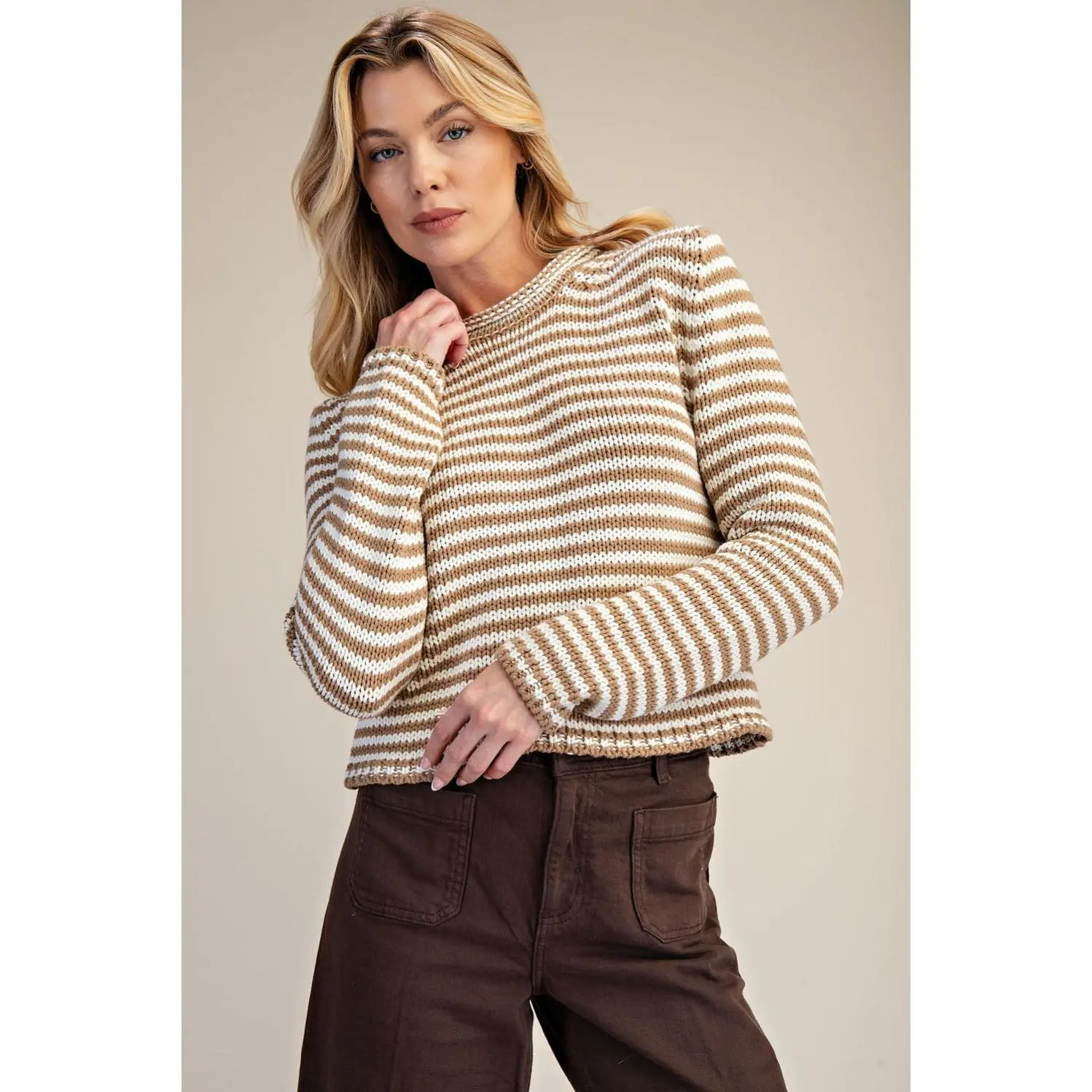 Women's Brown and Ivory Striped Knit Sweater - Cropped Relaxed Fit Top with Long Sleeves, Lightweight Cotton Knitwear, Casual, Striped Knit Women's Pullovers, Skirts, Brown And Cream Striped Women's Pullovers