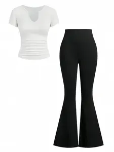 Women's Casual Two-Piece Set, Short Sleeve V Neck Ruched Slim Fit Top & High Waist Flare Pants, Fashionable Summer Womenswear