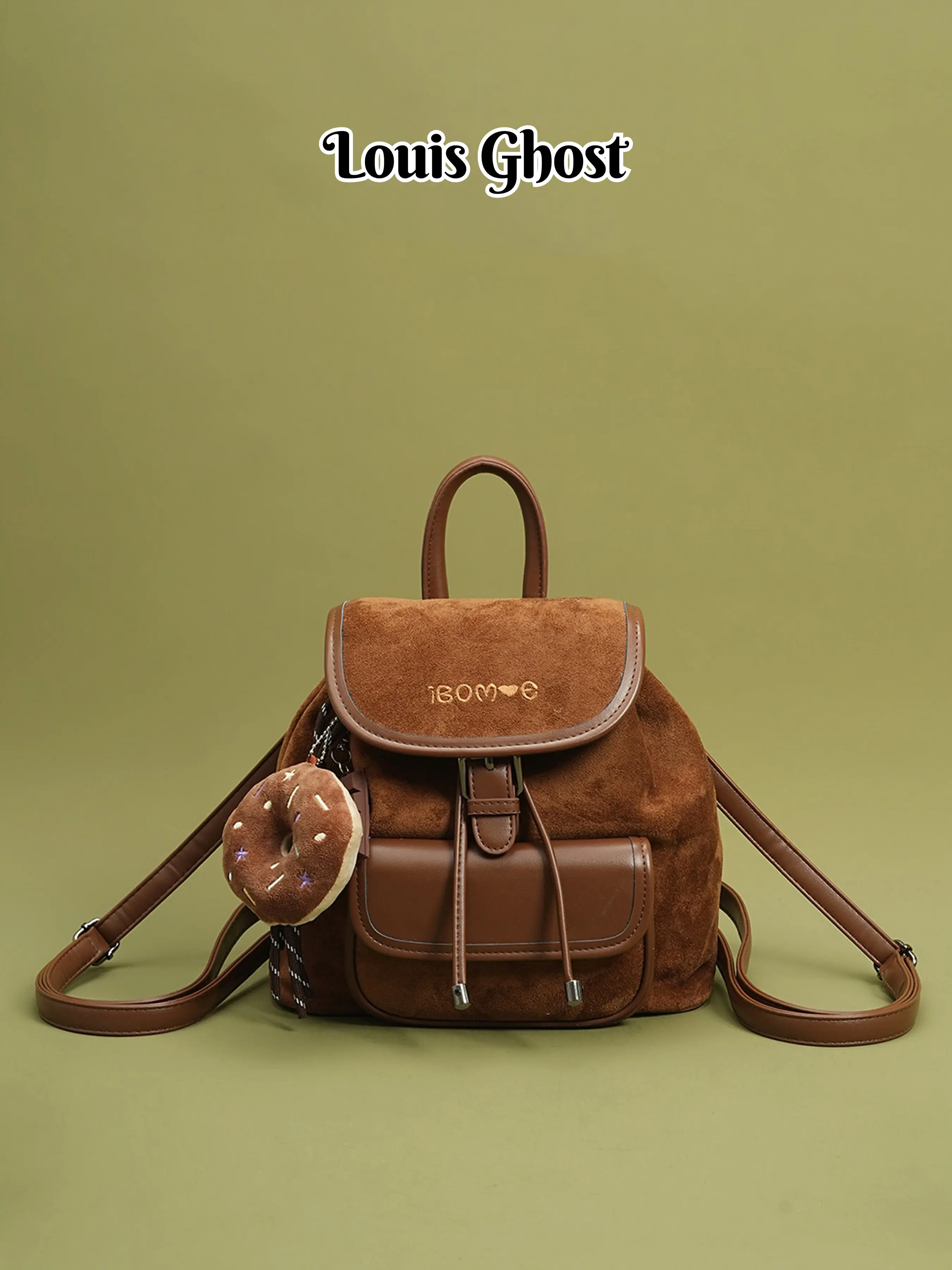 Suede mini backpack: Cute and retro drawstring backpack with doughnut pendant, Drawstring closure, cute plush shoulder bag for ladies, retro crossbody backpack, daily casual travel backpack