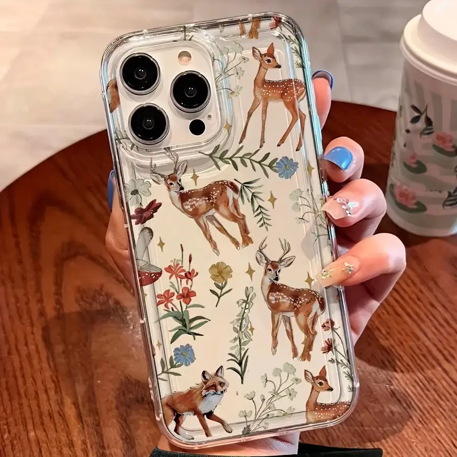 Deer, Flower and Fox Pattern Natural Healing Phone Case, Comfortable Touch, Effective Anti-drop. For iPhone 17 Air/16 Plus/15 Pro Max/14 Pro/13/12/11 and Other Mobile Phone Cases / Popular Birthday Gift or Business Gift for Friends or Partners / QNK32