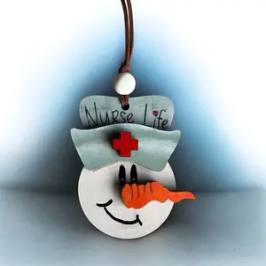 Heroes in Scrubs Hand Painted Maple Wood Nurse Life Snowman Ornament with Red Cross Hat and Orange Scarf