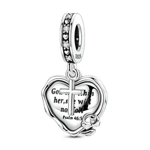 MULA 925 silver-plated Cubic Zirconia Bible Heart Cross Pendant - Religious Pendant Beads Engraved with Psalm 46:5, Pair with Pandora Bracelets, Ideal Christian Gift for Women Girls