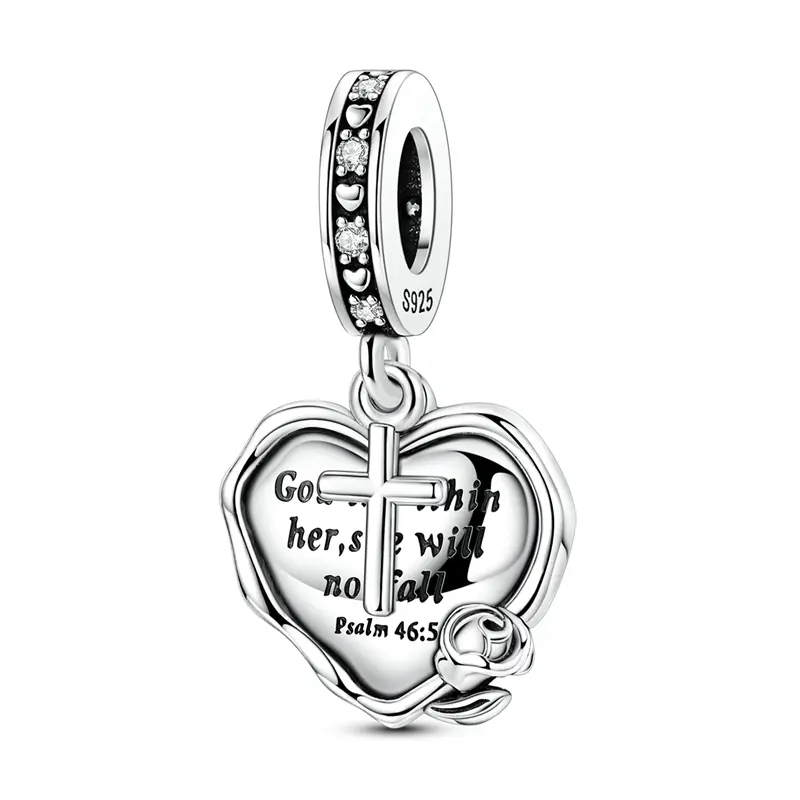 Women's Dainty Cross Charm, 925 Sterling Silver with Engraved Psalm 46:5 Heart Charm, Cubic Zirconia Minimalist Jewelry, European Bracelet-Fit Religious Christian Gift for Youth, European Charm
