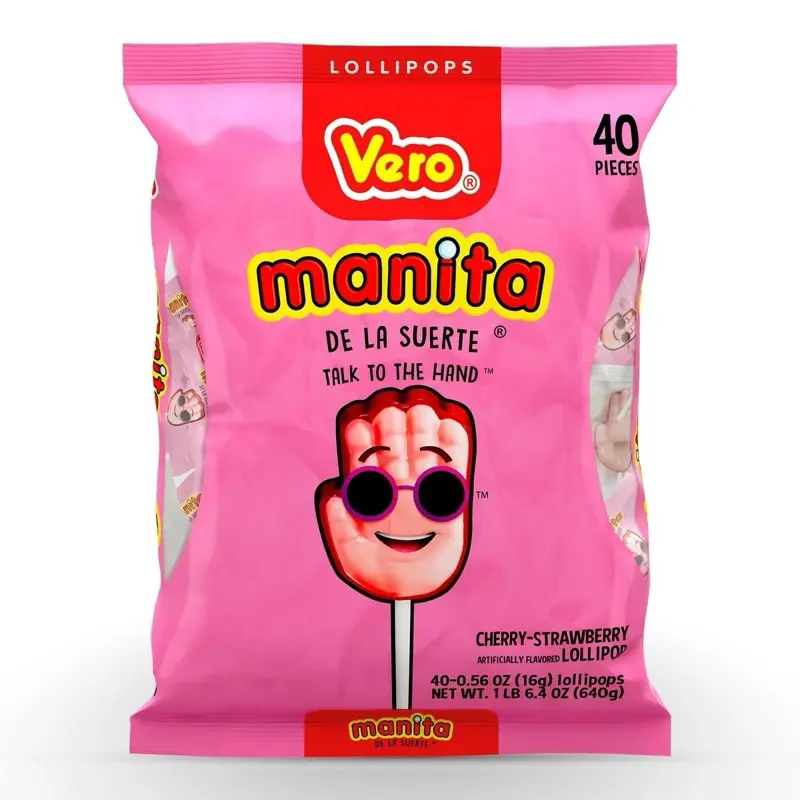Manita Paletas Strawberry & Cherry Flavored Lollipop (40 Count Bag) - Individually Wrapped Lollipops - Mexican Candy - Paletas Mexicanas Sabor Fresa Sweet Snack Bonbon
