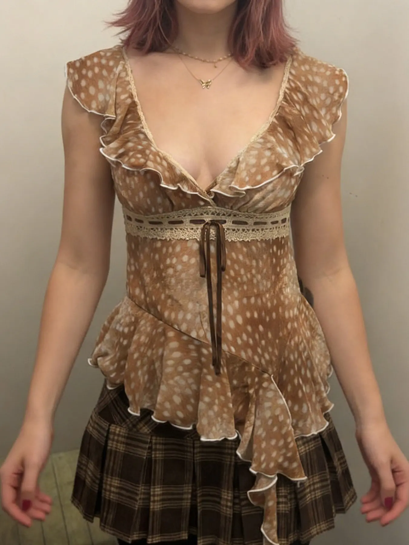 American Vintage Deer Print V-Neck Blouse, Frill Hem High Waist Tie Design, Asymmetric Fly Sleeve T-Shirt for Women, Casual Fashion Shirt, Casual Everyday Top