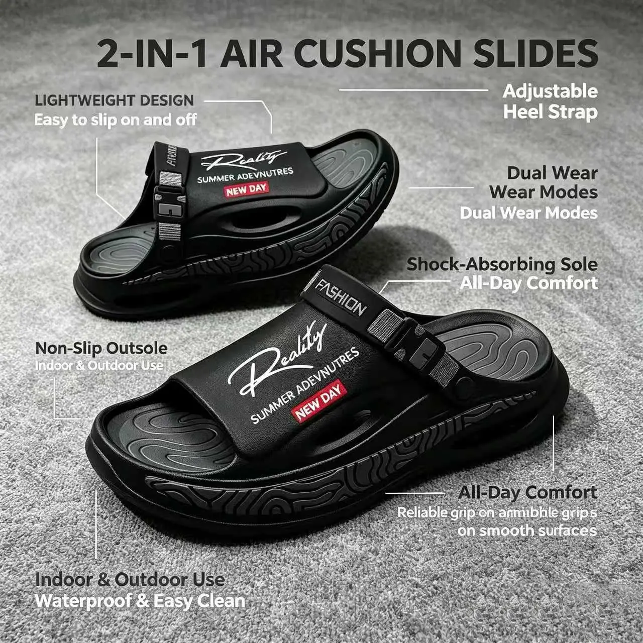Men's Adjustable Sport Sandals, Thick-Sole Cushioned Lightweight Slides, Non-Slip Breathable Shoes for Outdoor Beach Walking, Travel Hiking (For Men, Boys) durable pvc house slipper daily leisure vacation stylish casual
