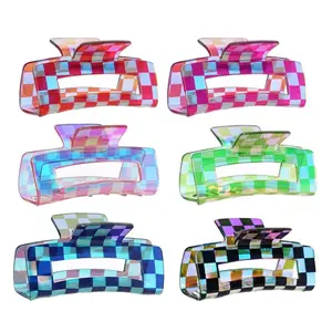 6pcs Checkered Hair Claw Clips for Thin Thick Hair Checkered Hair Clips Acrylic Small Claw Clip with Strong Hold for Women Girls Long Short Hair(4.1x2.1'', Multicolor)
