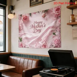 2D Flat - 2D Flat - High Definition Digital Print Tapestry+ Pink Roses, Lace Border, Satin Background, Happy Mothers Day Message+Holiday Gift, Home Decor, Party Backdrop, Landscape Wall Art, Nature-Inspired Design