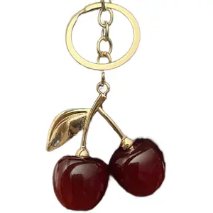 Dark Cherry Keychain - Gold-Toned Chain with Red Cherry Pendant for Everyday Use