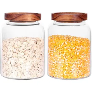Glass Storage Jars with Airtight , Set of 2 42 FL OZ (1250ml) coffee container with Wooden Lid, Glass Pantr Canister for Beans, Rice, Sugar  etc (6.3 inch high)