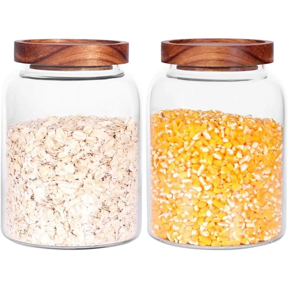 Glass Storage Jars with Airtight , Set of 2 42 FL OZ (1250ml) coffee container with Wooden Lid, Glass Pantr Canister for Beans, Rice, Sugar  etc (6.3 inch high)