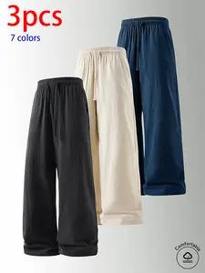 3-pack men’s pure cotton long pants: loose straight casual pants, sweatpants/joggers, featuring a drawstring waistband design. Available in multiple colors. Suitable for home lounging, daily commuting, outdoor walks, short trips, camping—versatile casual