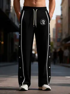 Men's Casual Knit Striped Drawstring Waist Athleisure, Warm Comfortable Button Side Seam Sportswear, Fashionable Running Trousers for Outdoor Activities